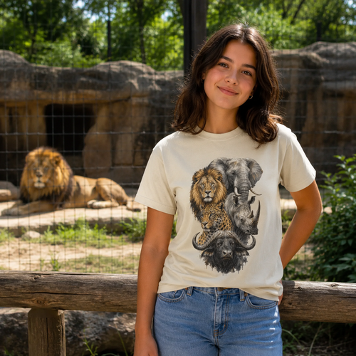 A young woman stands outdoors in front of a wooden fence, wearing a cream-colored graphic t-shirt featuring an illustration of a lion, elephant, rhinoceros, and buffalo. In the background, a lion is visible behind a wire fence in a zoo enclosure.