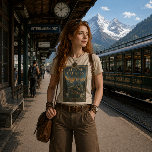 A woman stands on a train station platform wearing a beige graphic T-shirt with a vintage-style mountain print that reads 'Alpine Express' and brown pants, with a mountain train and snow-capped peaks in the background.