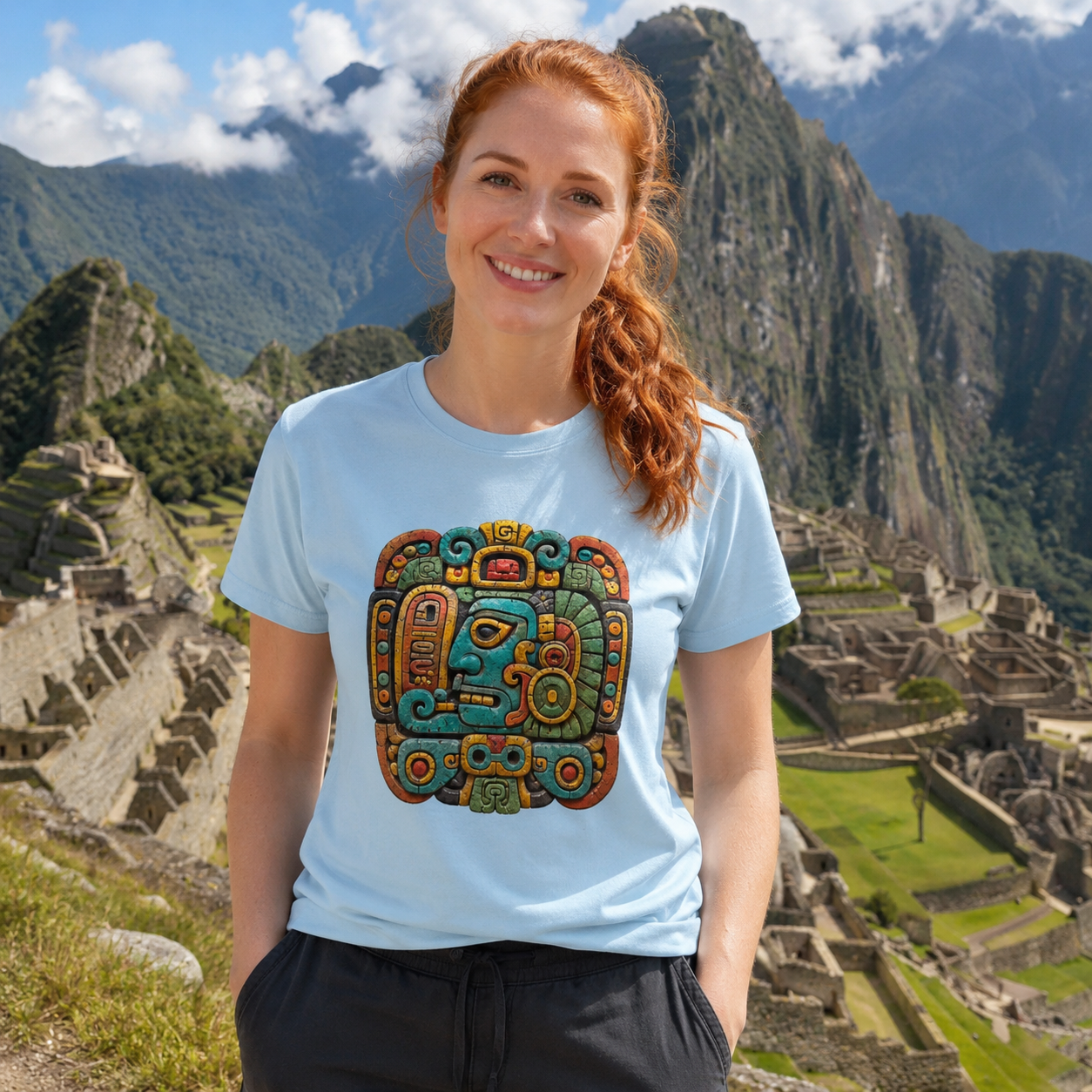 A smiling woman with red hair stands outdoors in front of Machu Picchu, wearing a light blue graphic T-shirt with a large colorful Aztec-style face design on the chest.