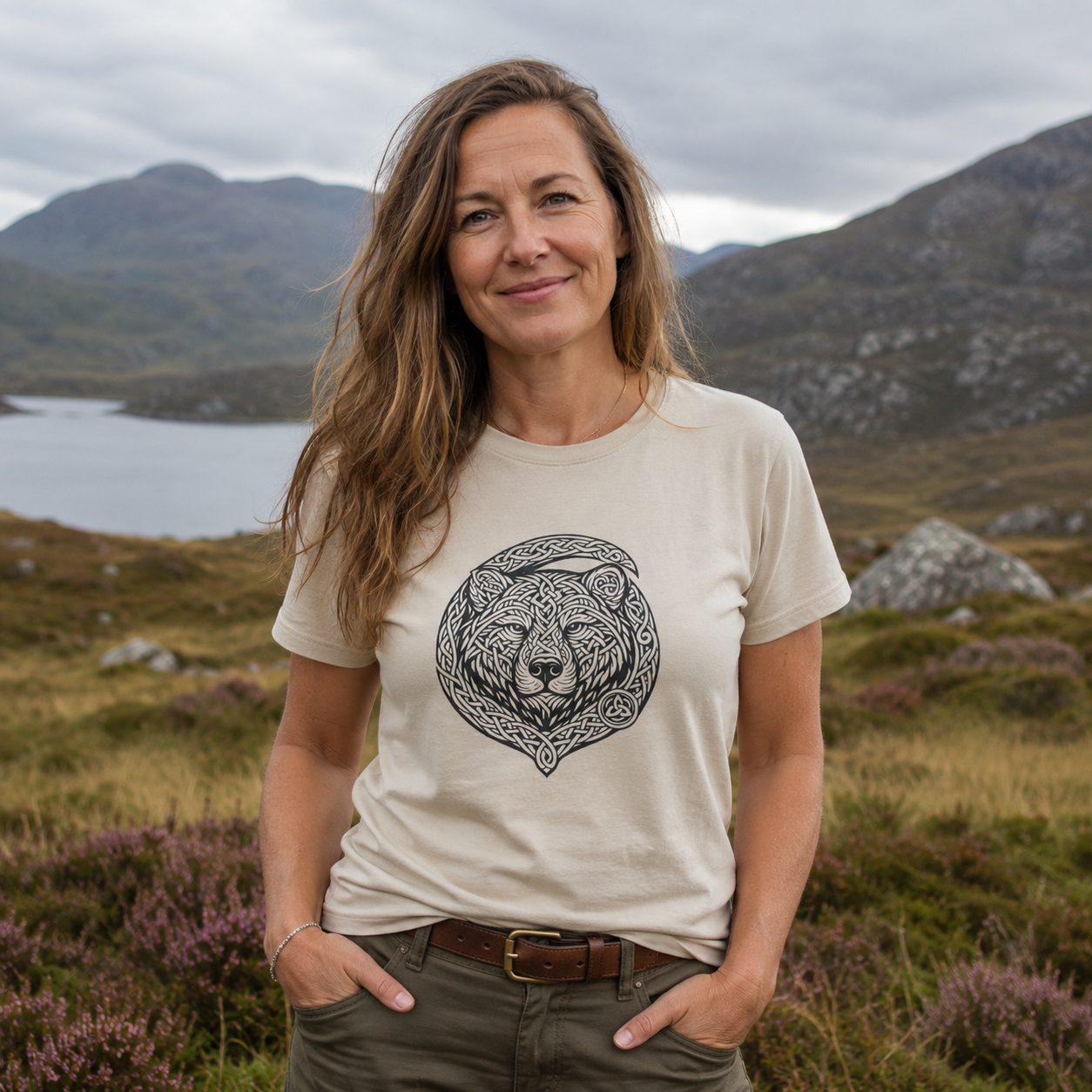 A woman wearing a beige crewneck t-shirt with a black circular bear graphic, standing outdoors in a grassy mountain landscape.