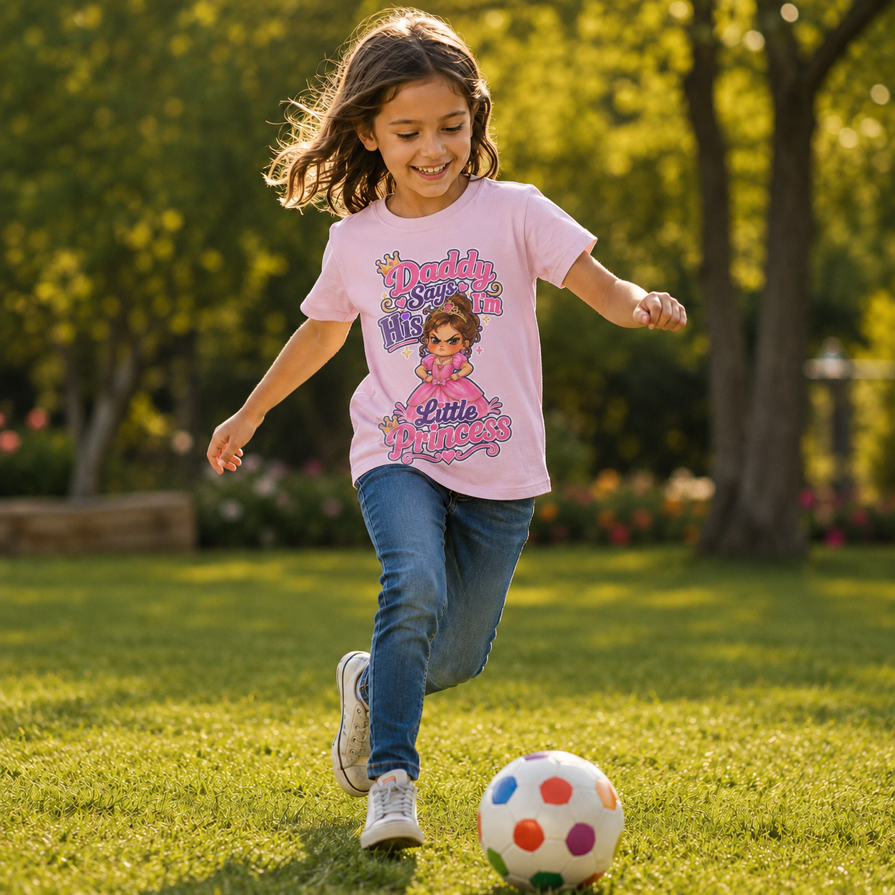 A young girl smiling and running on a grassy lawn, wearing a light pink graphic T-shirt with 'Little Princess' text and a cartoon princess design, paired with blue jeans and white sneakers. A colorful soccer ball is on the grass in front of her, with a blurred park background.