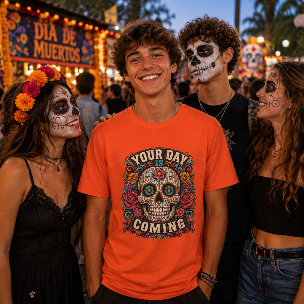 Three young adults posing together at a festive Dia de los Muertos event. The central figure is smiling and wearing a bright orange graphic t-shirt with a colorful sugar skull design and the text 'YOUR DAY IS COMING'.