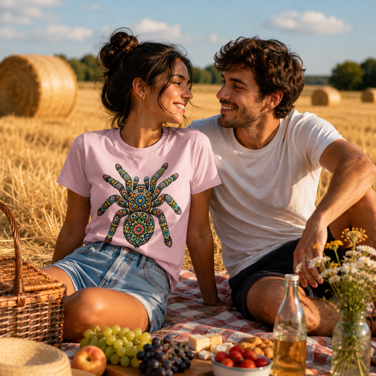 A couple sitting on a picnic blanket in a golden wheat field. The woman wears a light pink t-shirt with a large, colorful tarantula spider graphic on the front, paired with denim shorts.