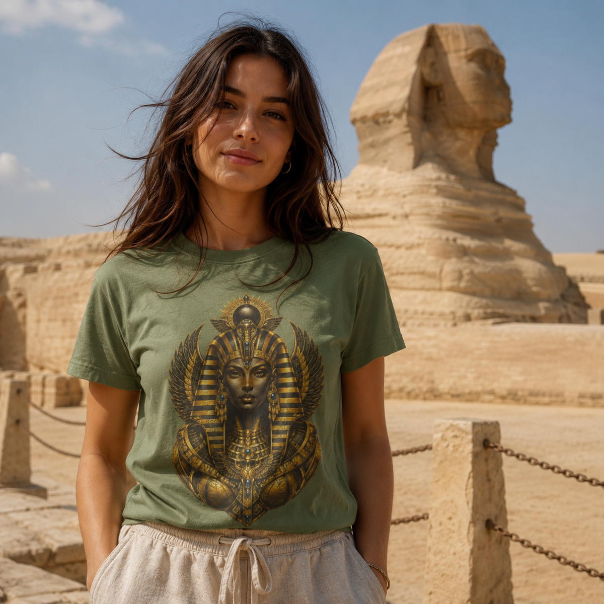 A woman wearing an olive green t-shirt with a gold and black Egyptian female pharaoh graphic, standing in front of the Sphinx in a desert setting.