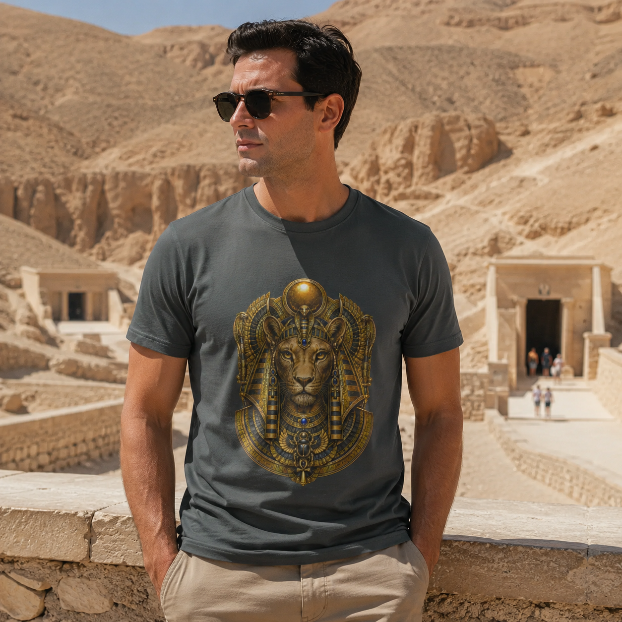 A man wearing a dark gray t-shirt with a large gold Egyptian god -Sekhment graphic, standing outdoors in front of ancient desert stone ruins.