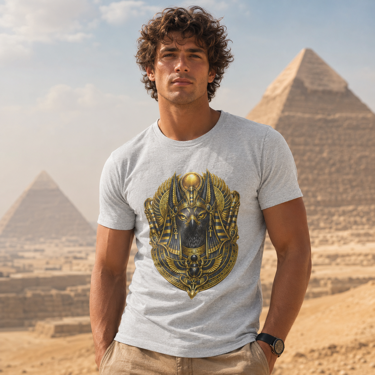 A man wearing a light gray t-shirt with a large gold and black Egyptian god Horus graphic, standing in front of a blurred desert background with pyramids.