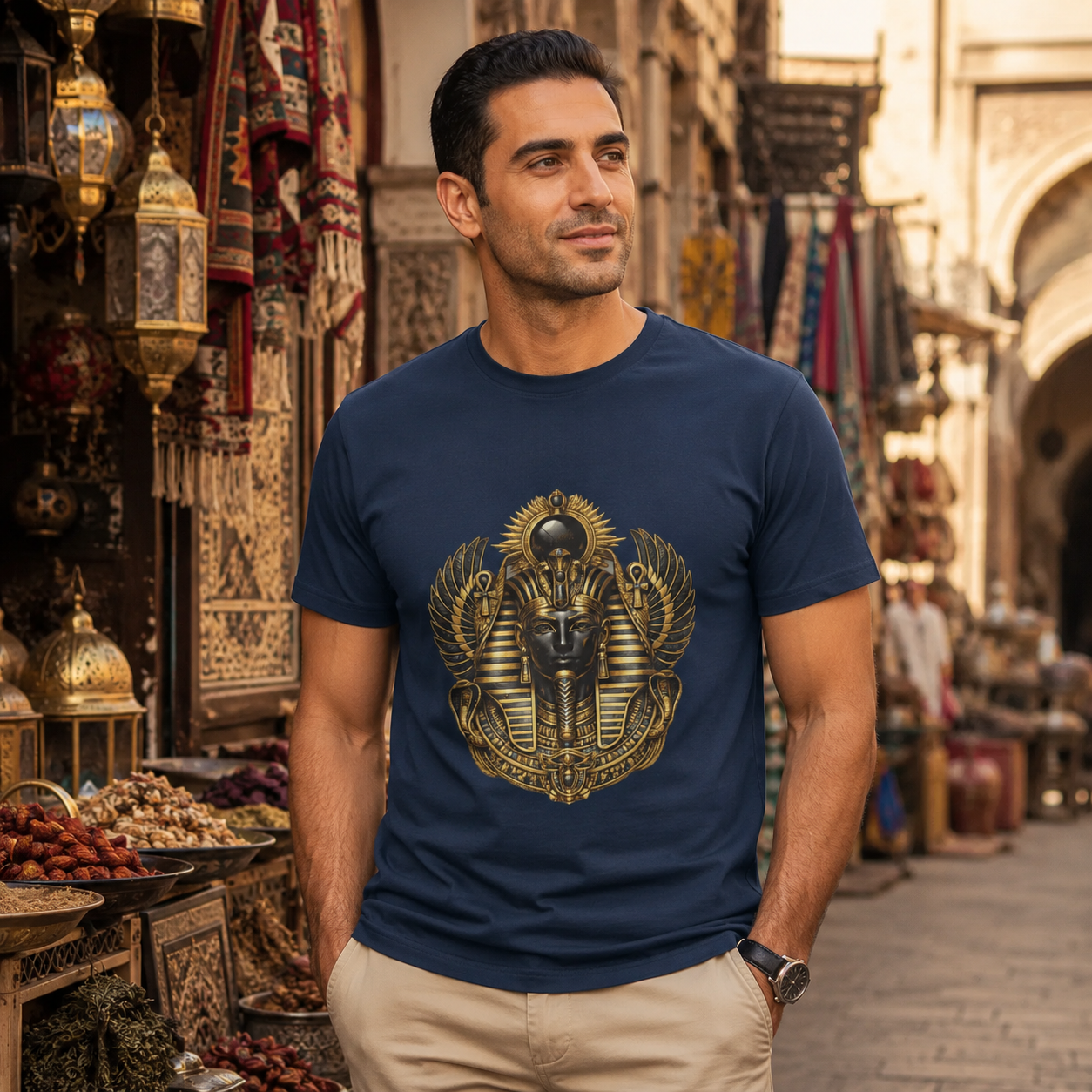 A man wearing a navy blue t-shirt with a large gold and black Egyptian pharaoh graphic on the front, standing in a bustling, warm-toned market street.