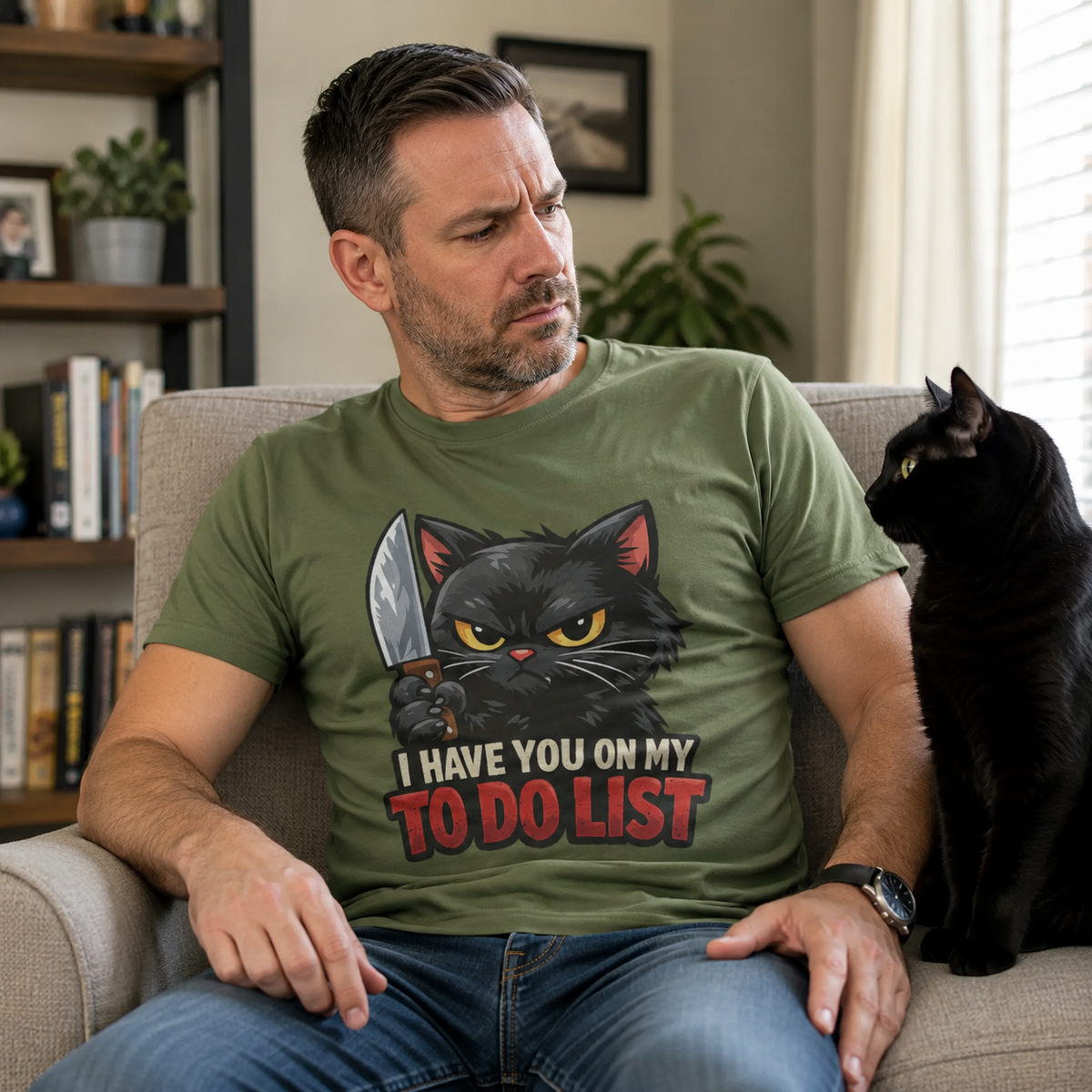 A man wearing an olive green graphic t-shirt sits in a beige armchair next to a black cat. The t-shirt features a cartoon illustration of a black cat holding a knife with the text 'I HAVE YOU ON MY TO DO LIST' in red and black.