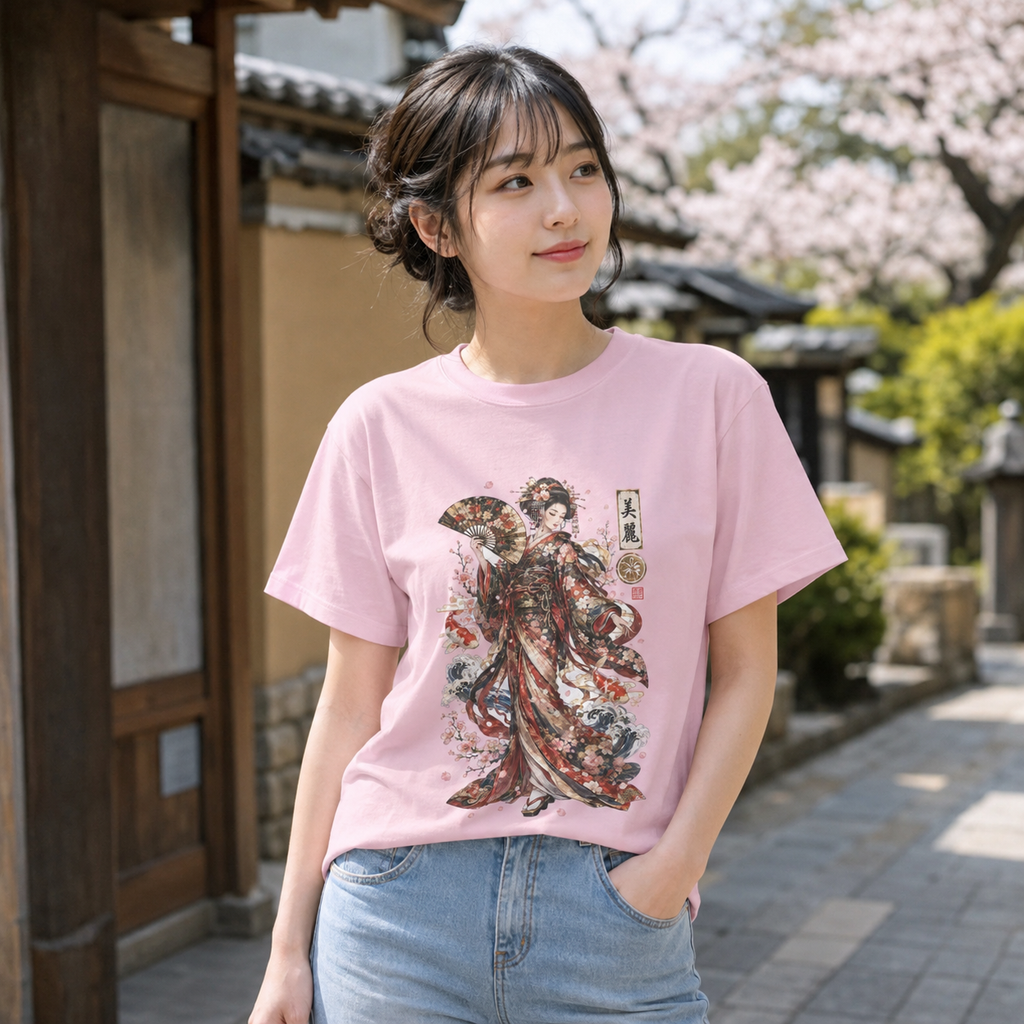 Japanese Geisha Floral Art Graphic Classic Fit T-Shirt
