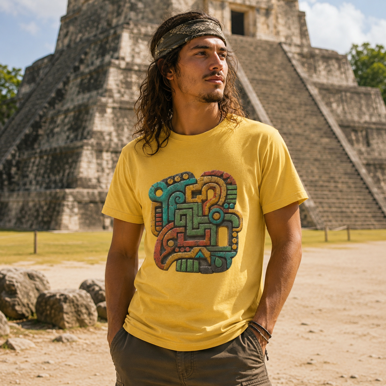 A man wearing a yellow t-shirt with a colorful Aztec calendar graphic, standing in front of a stone pyramid.