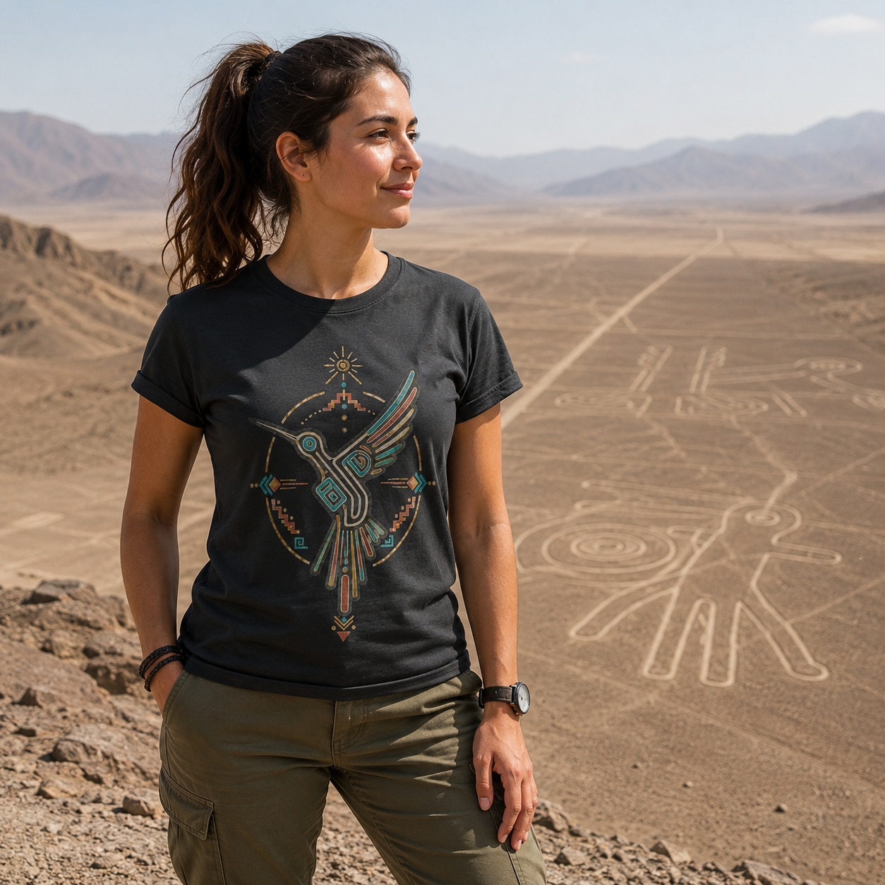 A woman stands outdoors in a desert landscape wearing a dark charcoal graphic T-shirt with a colorful Nasca humming bird design and olive cargo pants. The background shows a vast sandy terrain with geoglyph-like lines and distant mountains.