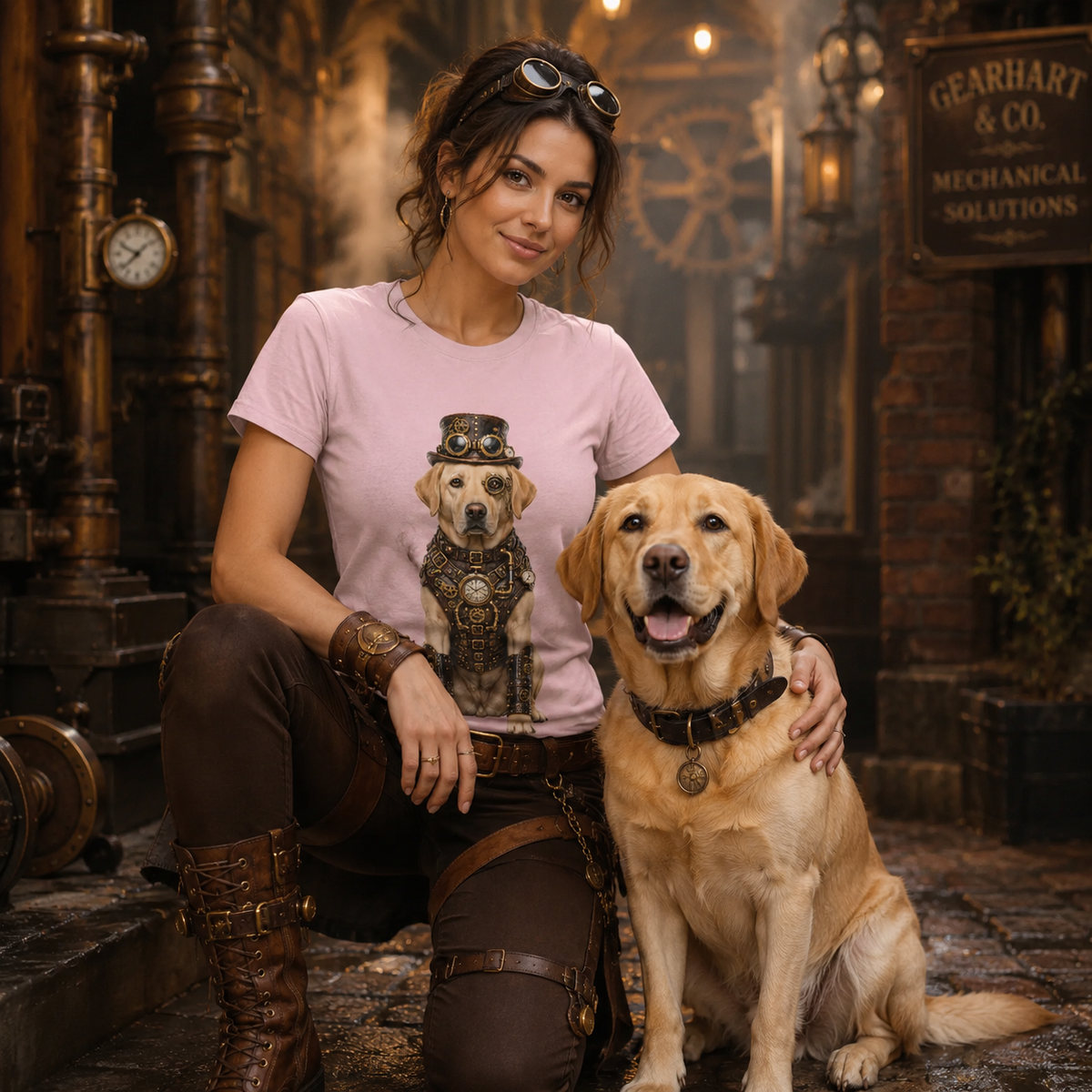 A woman in a steampunk-inspired outfit kneels beside a golden retriever dog in a dimly lit industrial interior. She wears a light pink graphic T-shirt with a steampunk Labrador dog print, brown leather-like pants and boots, and has goggles on her head.