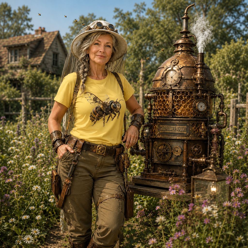 A woman in a steampunk bee-themed yellow t-shirt, brown pants, and a protective hat stands outdoors next to a large steampunk-style brass bee hive in a flower garden.
