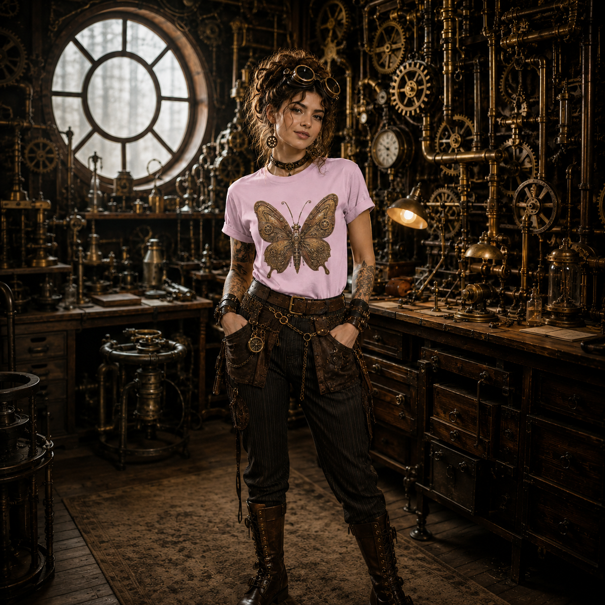 A woman stands in a steampunk workshop wearing a light pink t-shirt with a large brown steampunk butterfly graphic, dark pinstriped pants, and tall brown boots. The background is filled with brass gears, pipes, and wooden workbenches.