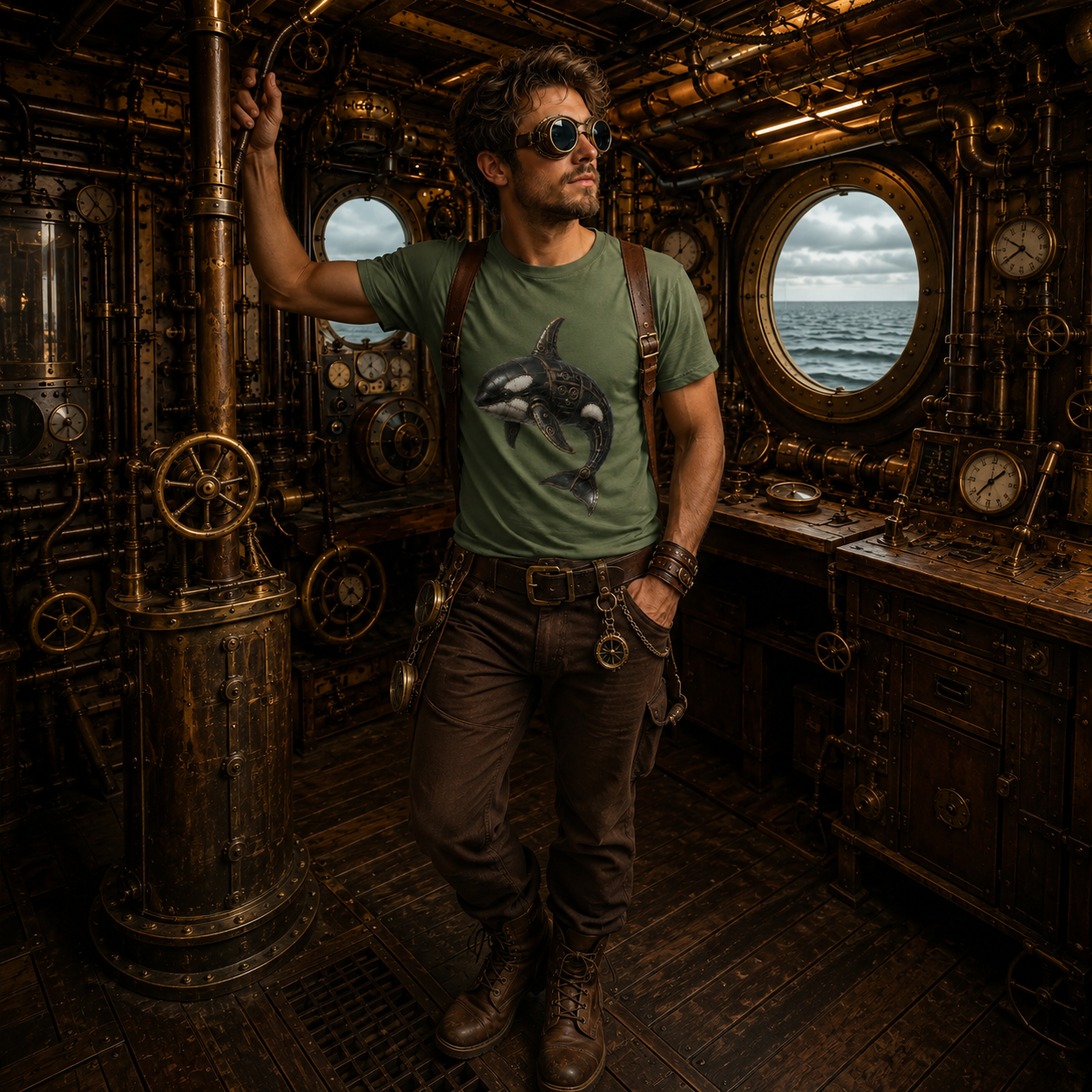 A man wearing a green t-shirt with a black orca steampunk graphic, brown pants, and sunglasses stands inside a detailed steampunk-style interior with brass pipes, dials, and round windows looking out to the ocean.