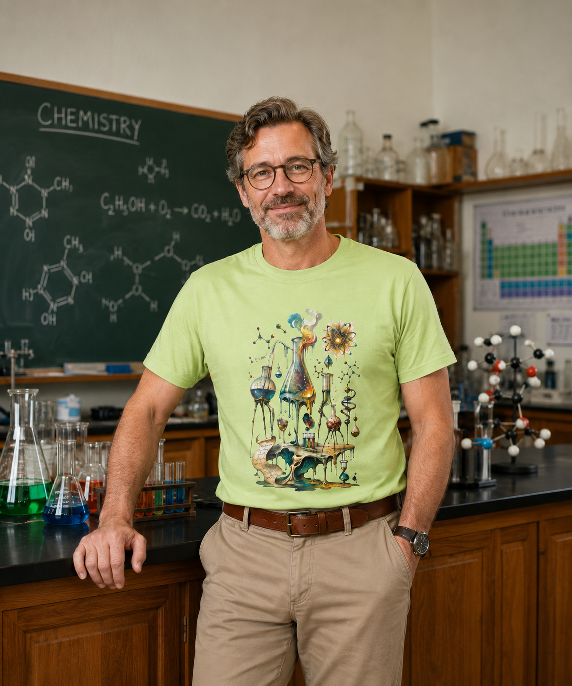 A man with glasses and a beard stands in a chemistry lab wearing a light green t-shirt with a colorful scientific illustration of molecules, atoms, and chemical symbols. The background features a chalkboard with chemical formulas, glass beakers, and lab equipment.