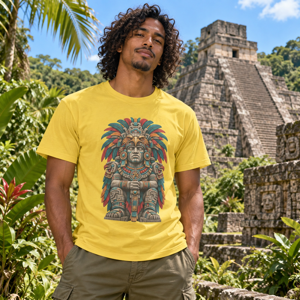 A man wearing a bright yellow graphic t-shirt with a detailed Aztec-style statue print, standing in front of a Mayan pyramid in a lush jungle setting.