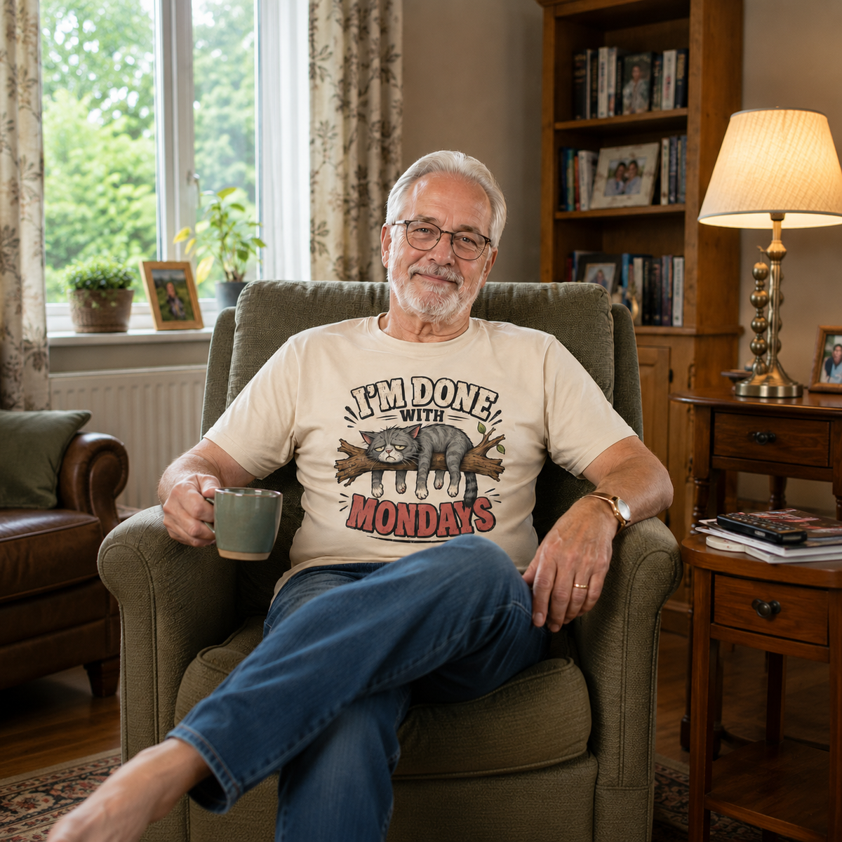 An older man with white hair and glasses sits in a green armchair in a cozy living room, wearing a beige graphic t-shirt with a cat lying on a tree branch that reads 'I'M DONE WITH MONDAY'S' above an illustration of a gray cat, paired with blue jeans.