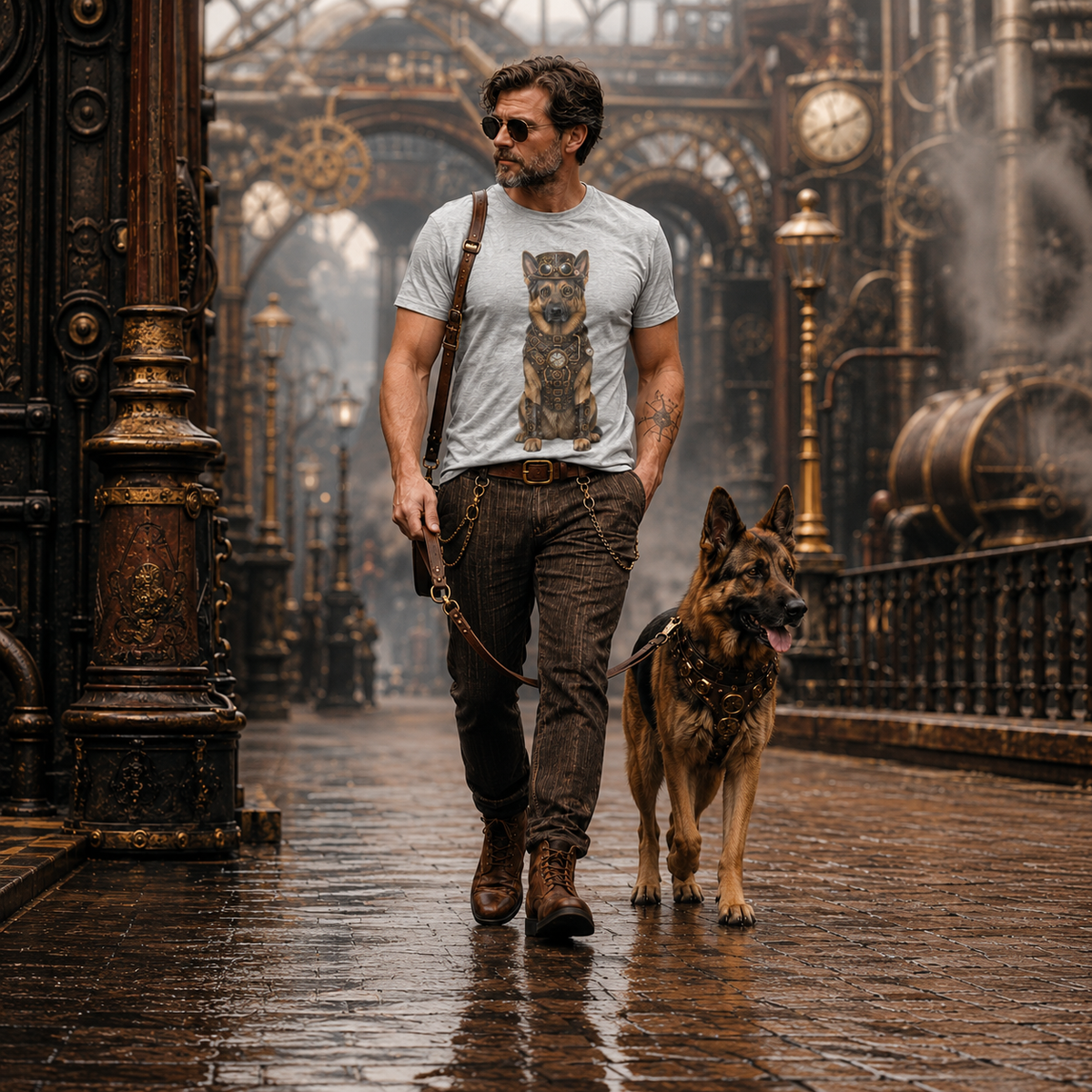 A man wearing a light gray t-shirt with a detailed steampunk German Shepherd graphic walks with a German Shepherd dog in a wet, steampunk-style city street.