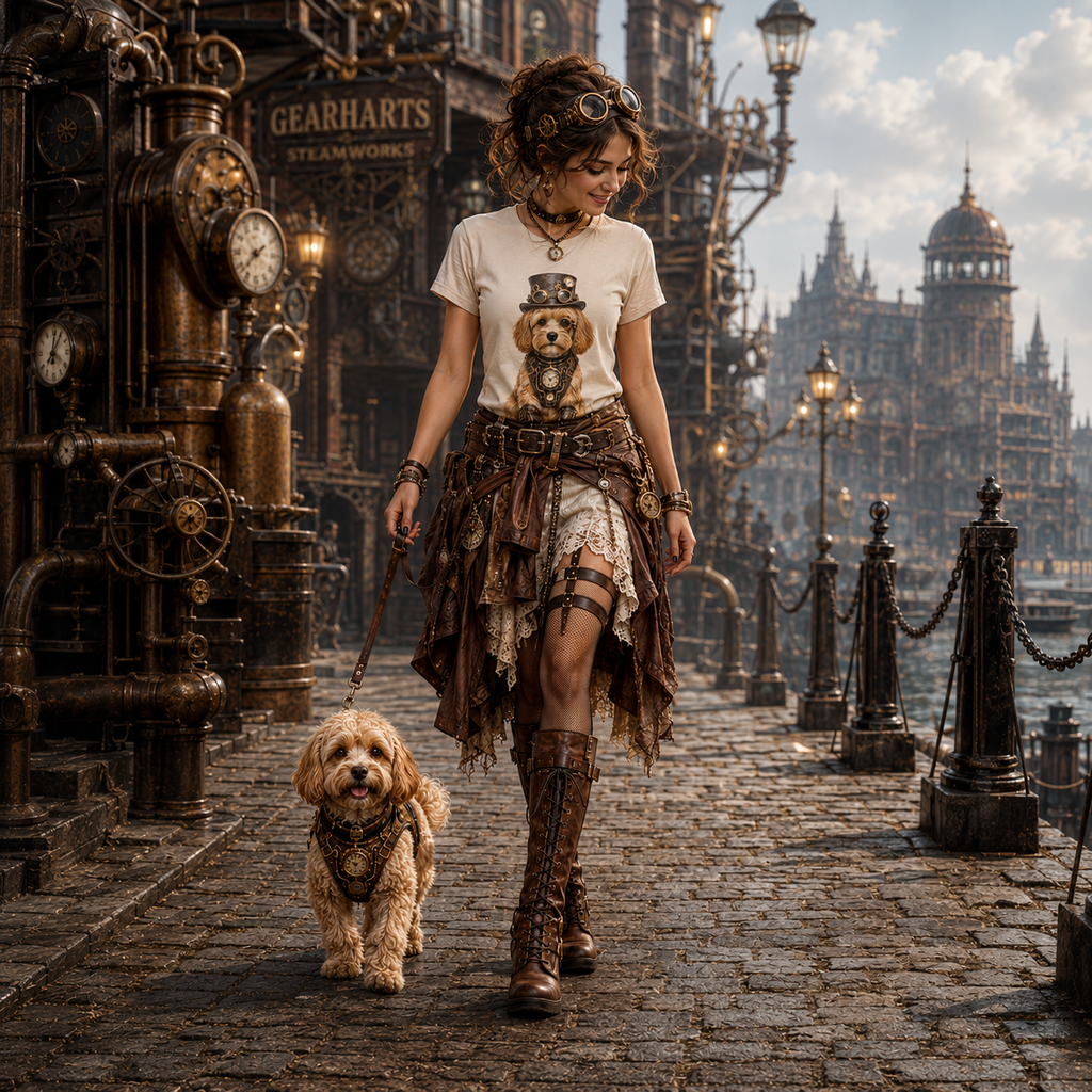 A woman in steampunk-inspired clothing walks a small Cavapoo dog on a cobblestone street, with a detailed industrial cityscape and large clockwork structures in the background.