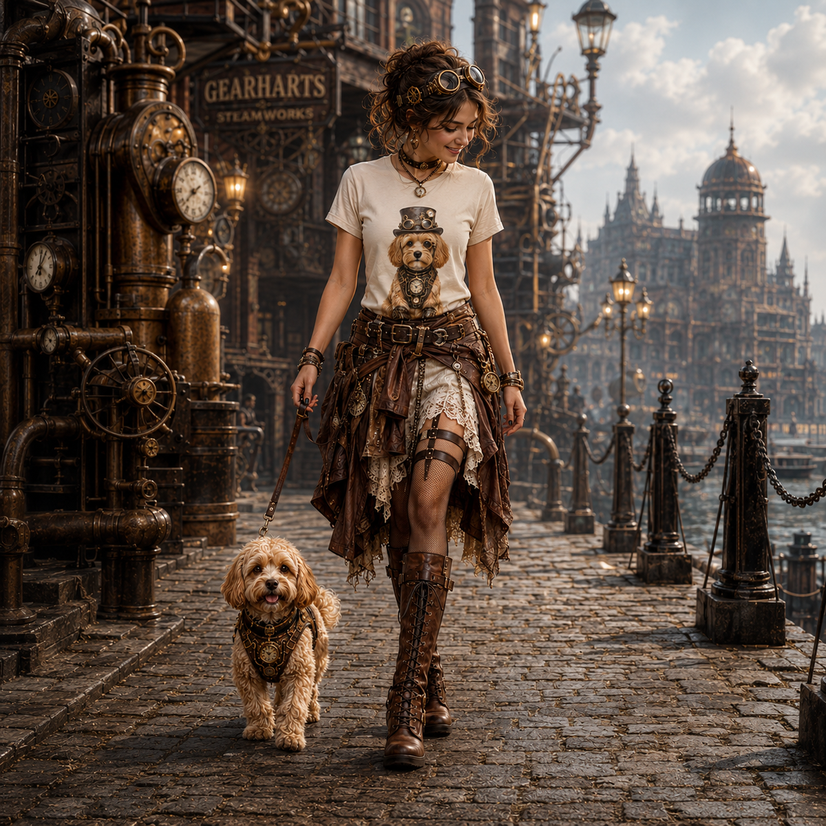A woman in steampunk-inspired clothing walks a small Cavapoo dog on a cobblestone street, with a detailed industrial cityscape and large clockwork structures in the background.