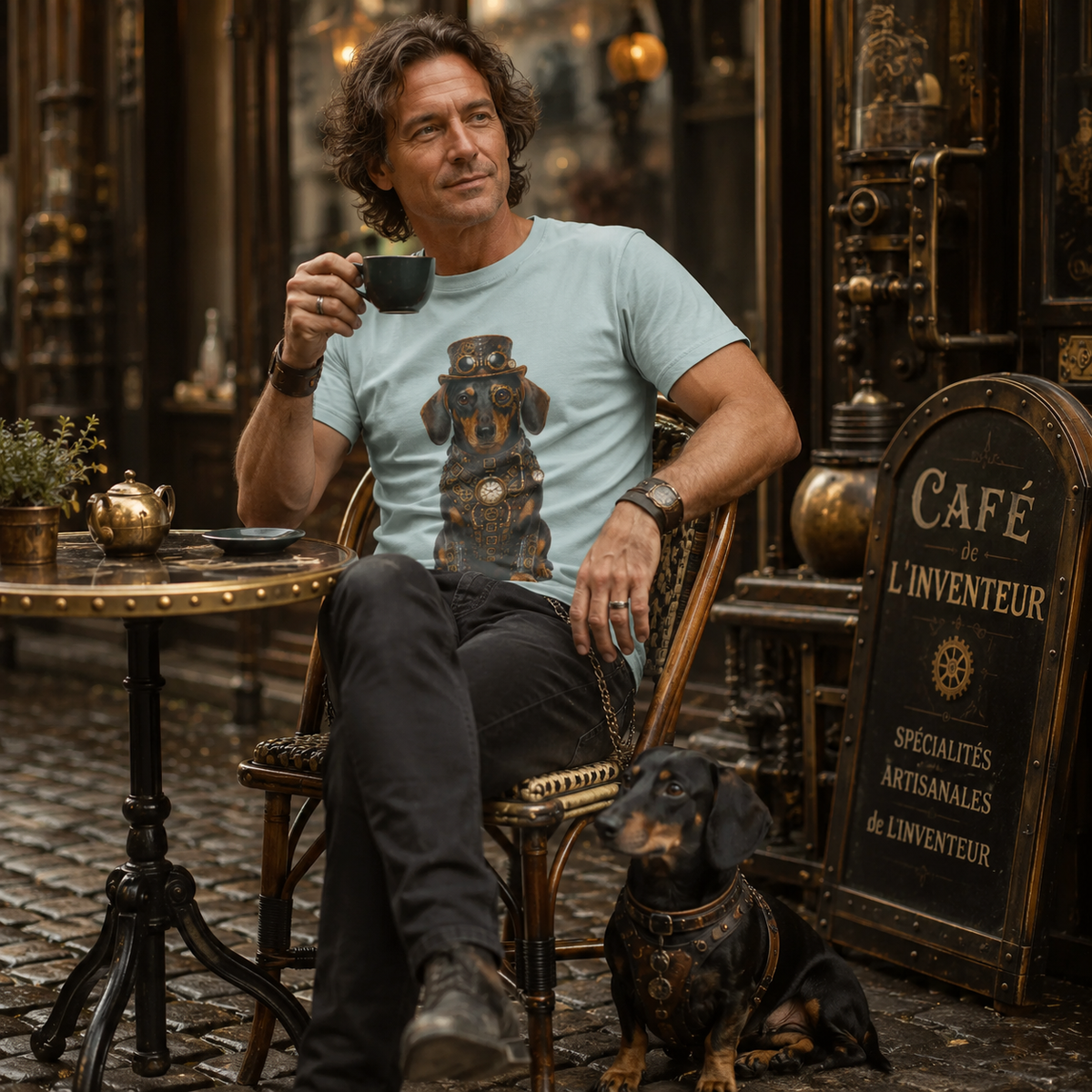 A man sits in a rustic cafe chair holding a black coffee cup, wearing a light blue t-shirt with a graphic of a steampunk dachshund wearing goggles. A small black and tan dachshund sits on the floor next to him.