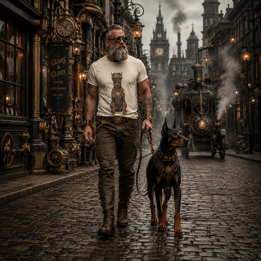 A bearded man in sunglasses walks a black Doberman on a cobblestone street in a steampunk city, wearing a white graphic t-shirt with a steampunk Doberman dog, brown pants, and boots. Steam trains and ornate buildings fill the background.