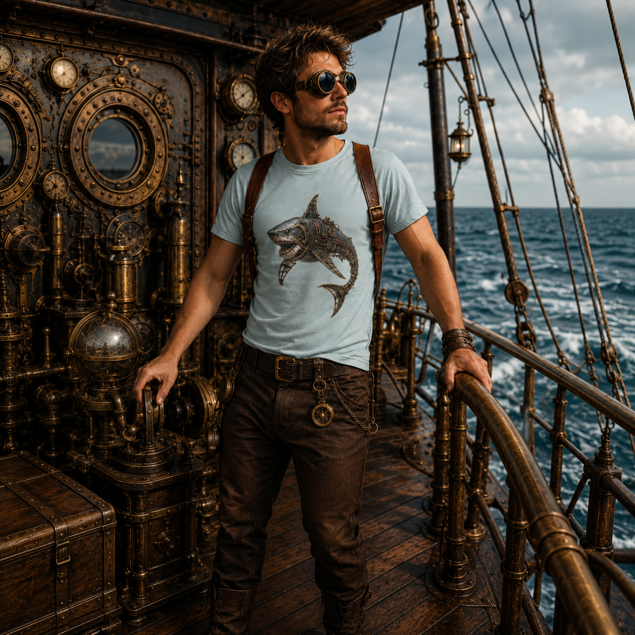 A man wearing a light blue steampunk graphic t-shirt with a shark print, brown suspenders, and brown pants stands on the deck of a sailing ship with brass rigging and an ocean background.