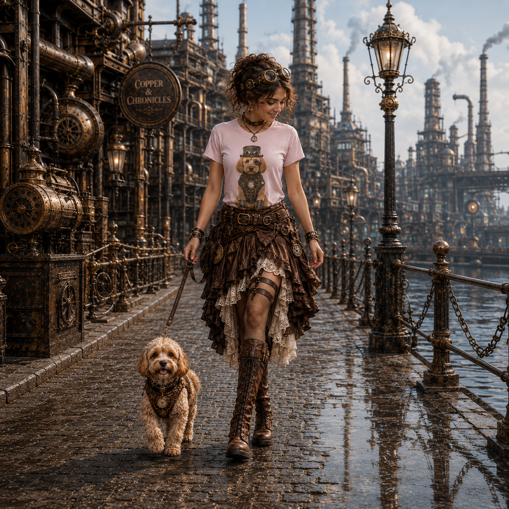 A woman in steampunk-inspired clothing walks a Labradoodle along a wet cobblestone path in an industrial city scene. She wears a light pink graphic T-shirt, a layered brown ruffled skirt, and tall brown lace-up boots.