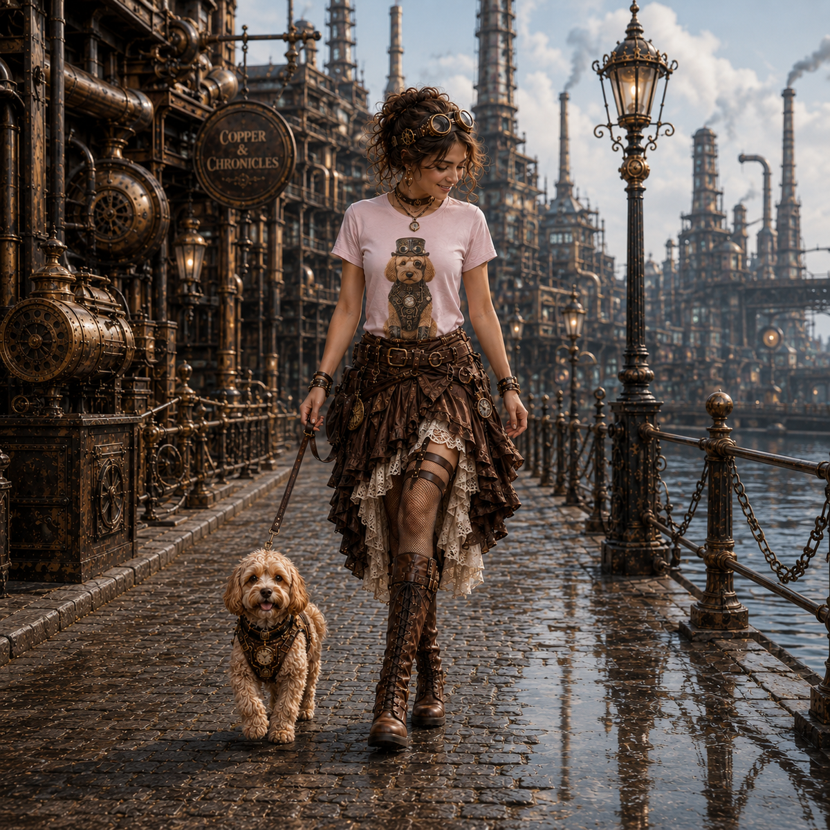 A woman in steampunk-inspired clothing walks a Labradoodle along a wet cobblestone path in an industrial city scene. She wears a light pink graphic T-shirt, a layered brown ruffled skirt, and tall brown lace-up boots.