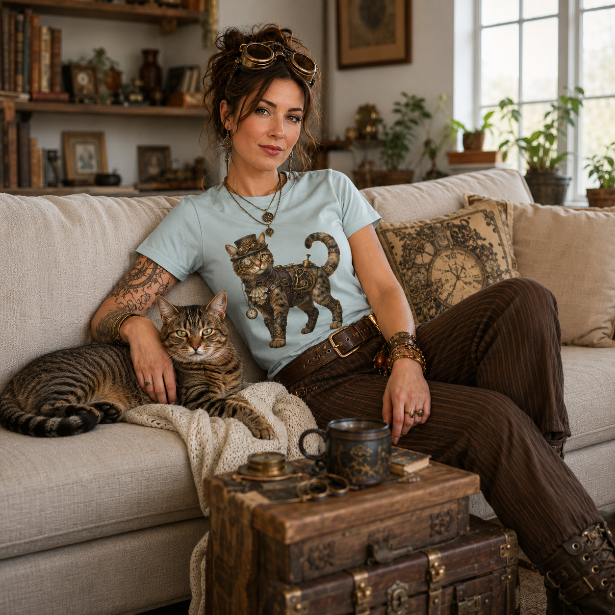 A woman sits on a beige sofa in a cozy living room, wearing a light blue t-shirt with a large brown steampunk tabby cat graphic and dark brown pinstriped pants. A real tabby cat rests on her lap, and a rustic wooden trunk holds mugs in the foreground.
